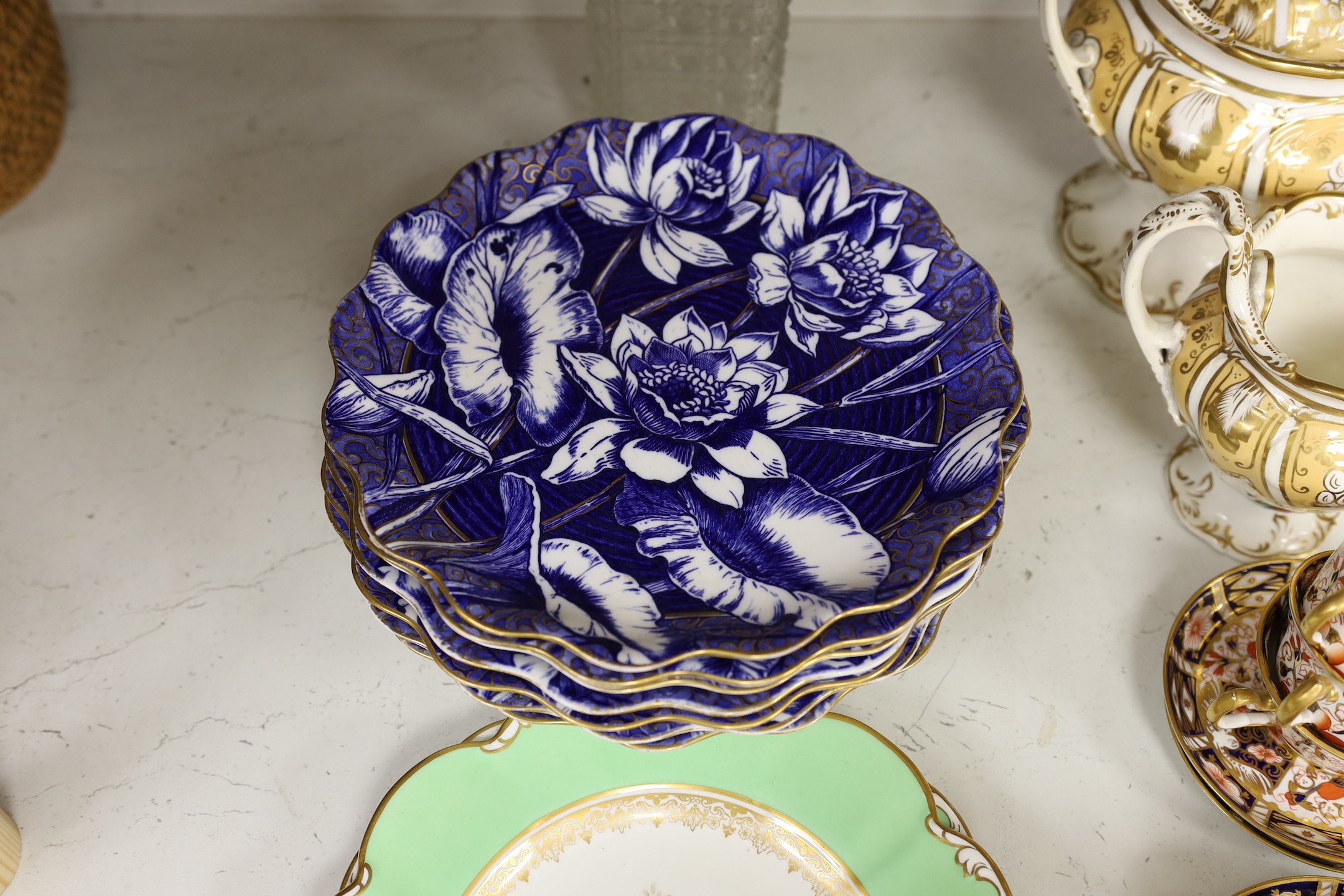 A selection of mixed 19th century ceramics, to include A Wedgwood aesthetic period part dessert service, Royal Crown Derby tea ware, a silver mounted decanter, etc.